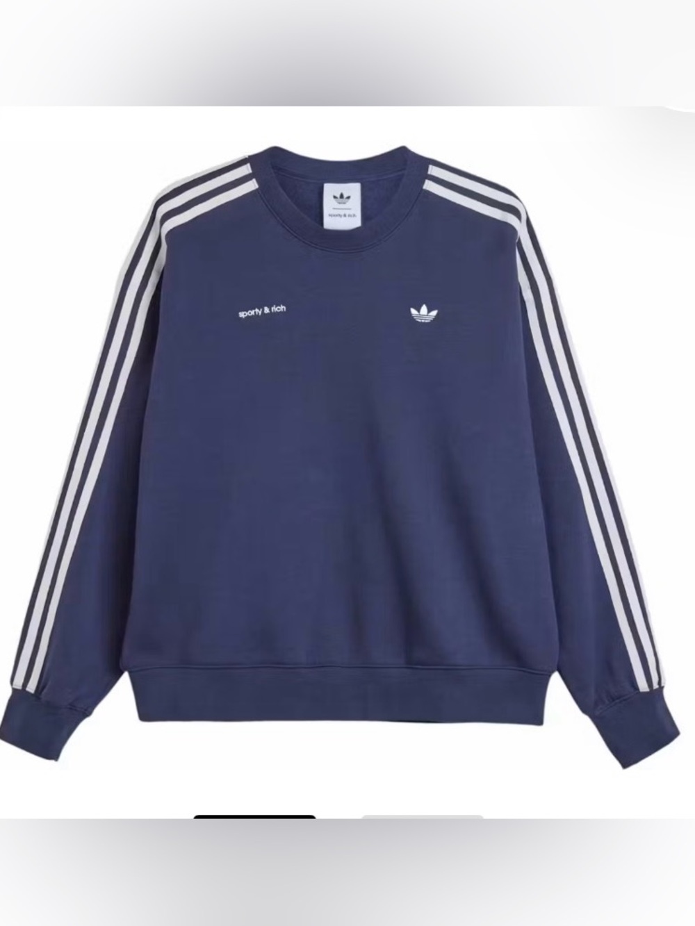 NWT Adidas Originals × Sporty & Rich Navy Blue cream Crewneck Sweatshirt
Women M
